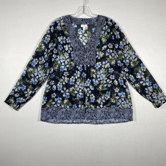 J. Jill Tops - J.JILL floral Blouse MEDIUM Sheer navy blue